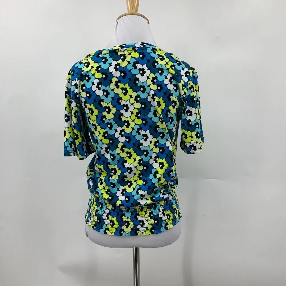 Michael Kors Blouse Womens XS Multi Floral Round Neck Smocked Hem Short Sleeve